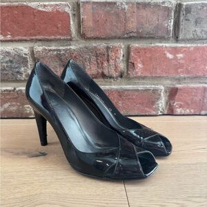 Stuart Weitzman Glossy Black Peep-Toe Heels